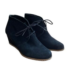Franco Sarto Lace Up Comfort Wedge Ankle Boots Navy Blue Suede Leather 7